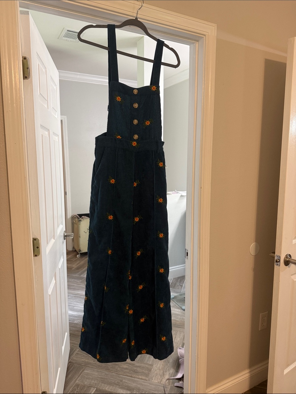 Cider Blue Corduroy Floral Embroidered Jumpsuit